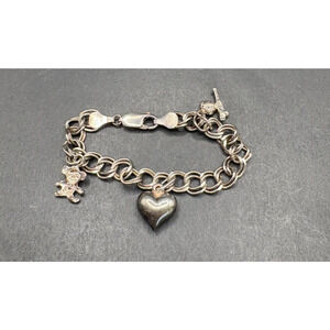 Vintage USCO 925 Sterling Silver Charm Bracelet with 3 Charms Heart Bear Sz 5"